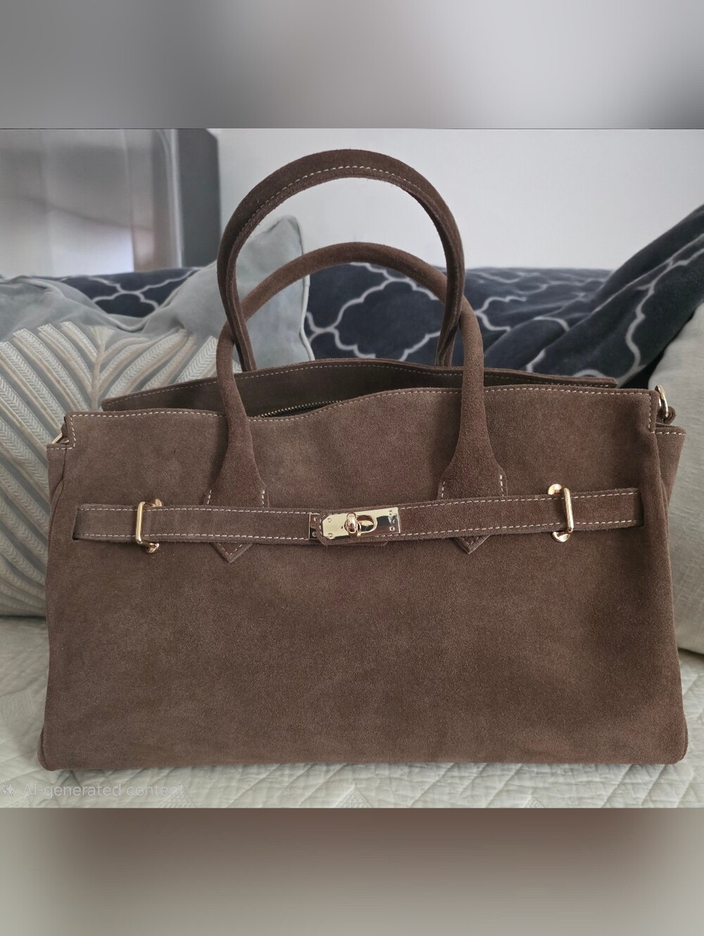 Brown Suede Top-Handle Satchel with Gold Hardware